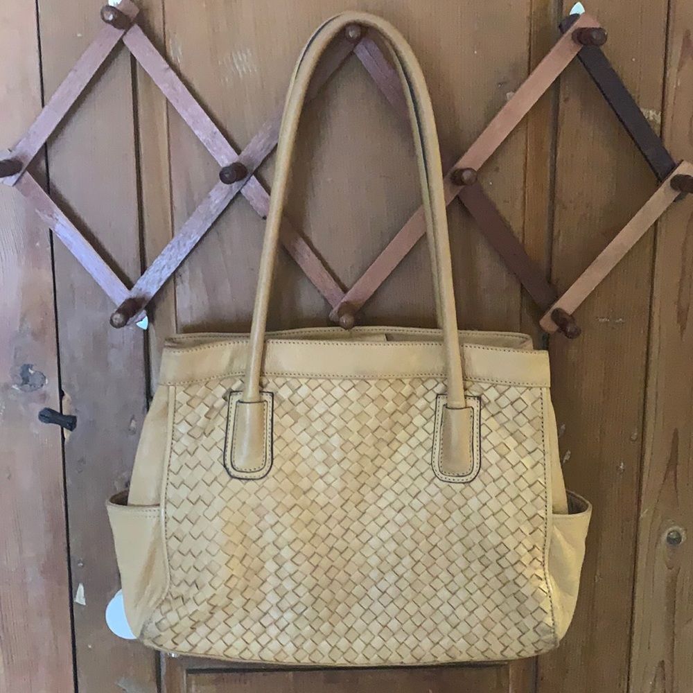 B Makowsky basket weave saddle leather tote shoulder bag